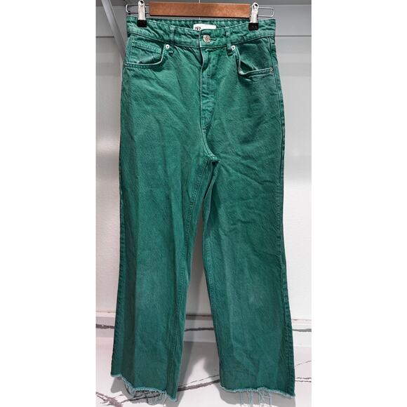 Zara High Rise Straight Leg Fray Hem Green Denim Pants Jeans Size 4 - Picture 1 of 11